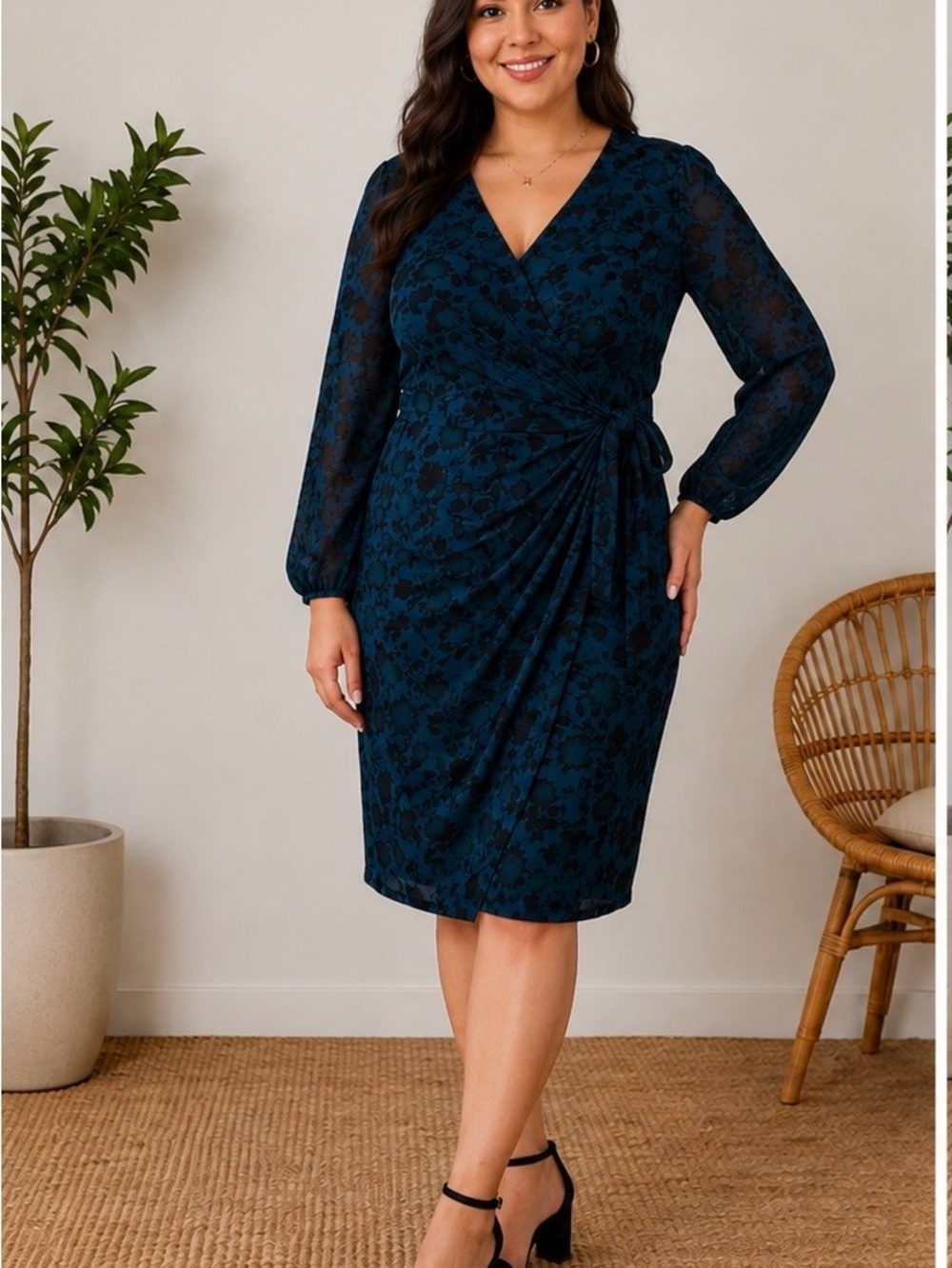 INC International Concepts Navy Floral Wrap Sheath Dress